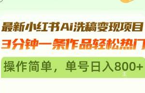(13182期)最新小红书Ai洗稿变现项目 3分钟一条作品轻松热门 操作简单,单号日入800+